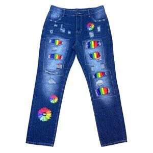 Upcycled Jeans Women's L Blue Distressed Rainbow Patched Floral Applique OOAK